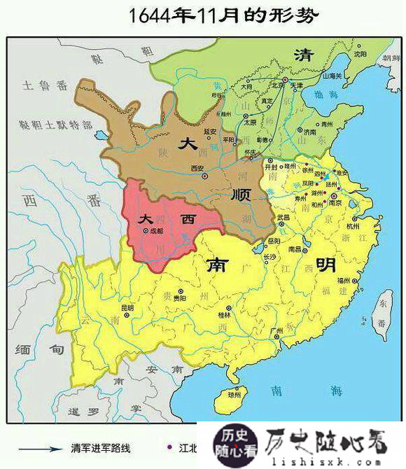 明朝地图：南明疆域变化图：1644年11月局势